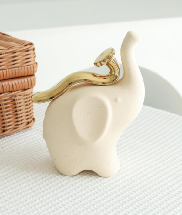 Matte Ceramic Elephant Ornament with Gold Plated Trunk